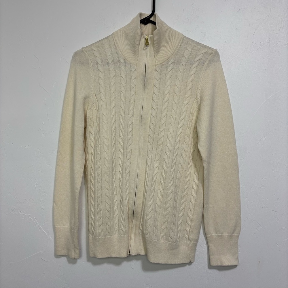 Talbots Full Zip Women's Cable Knit Sweater Jacket Medium Cream Off White